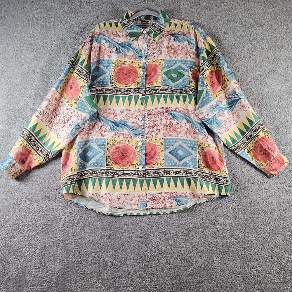 Details Express Large Silk Button Down Shirt Abstract Geometric Print Vintage